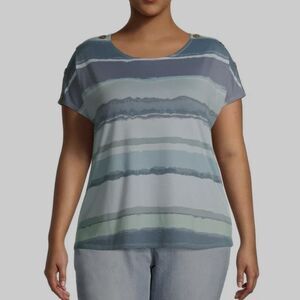 Truself button detail short sleeve abstract striped top